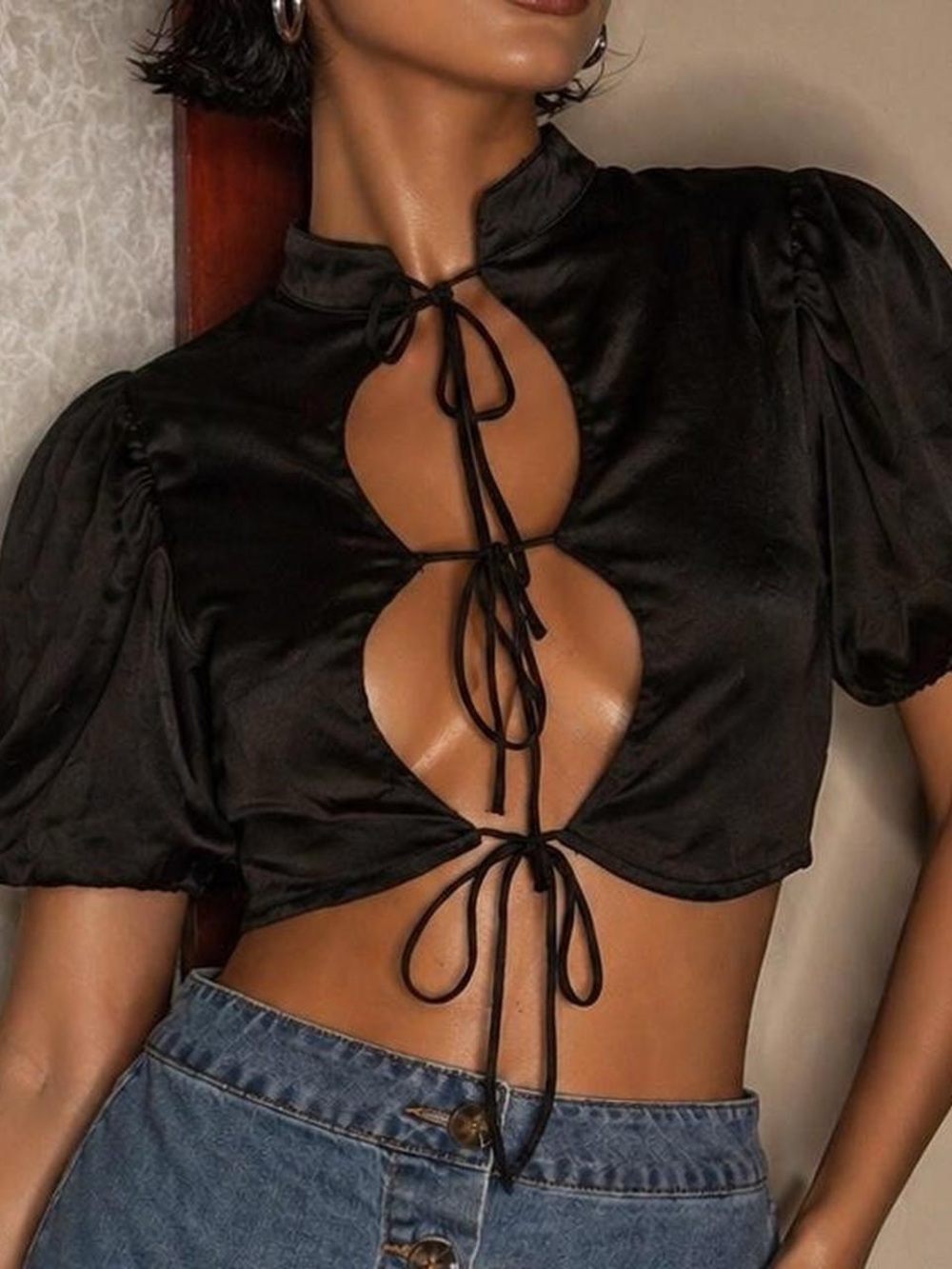 Black Tied Cutout Satin Crop Top
